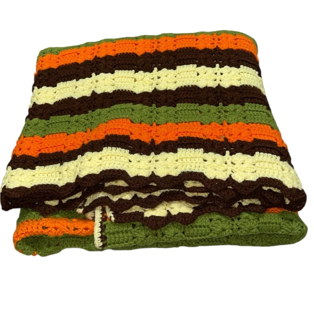 Vintage 70s Striped Granny Afghan Crochet Blanket Bedspread 76” X 61 “Throw